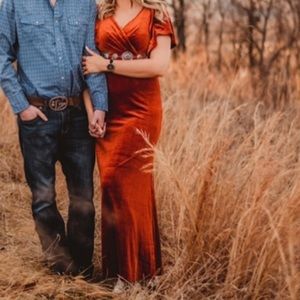 Rust/burnt orange velvet dress with flutter sleeves